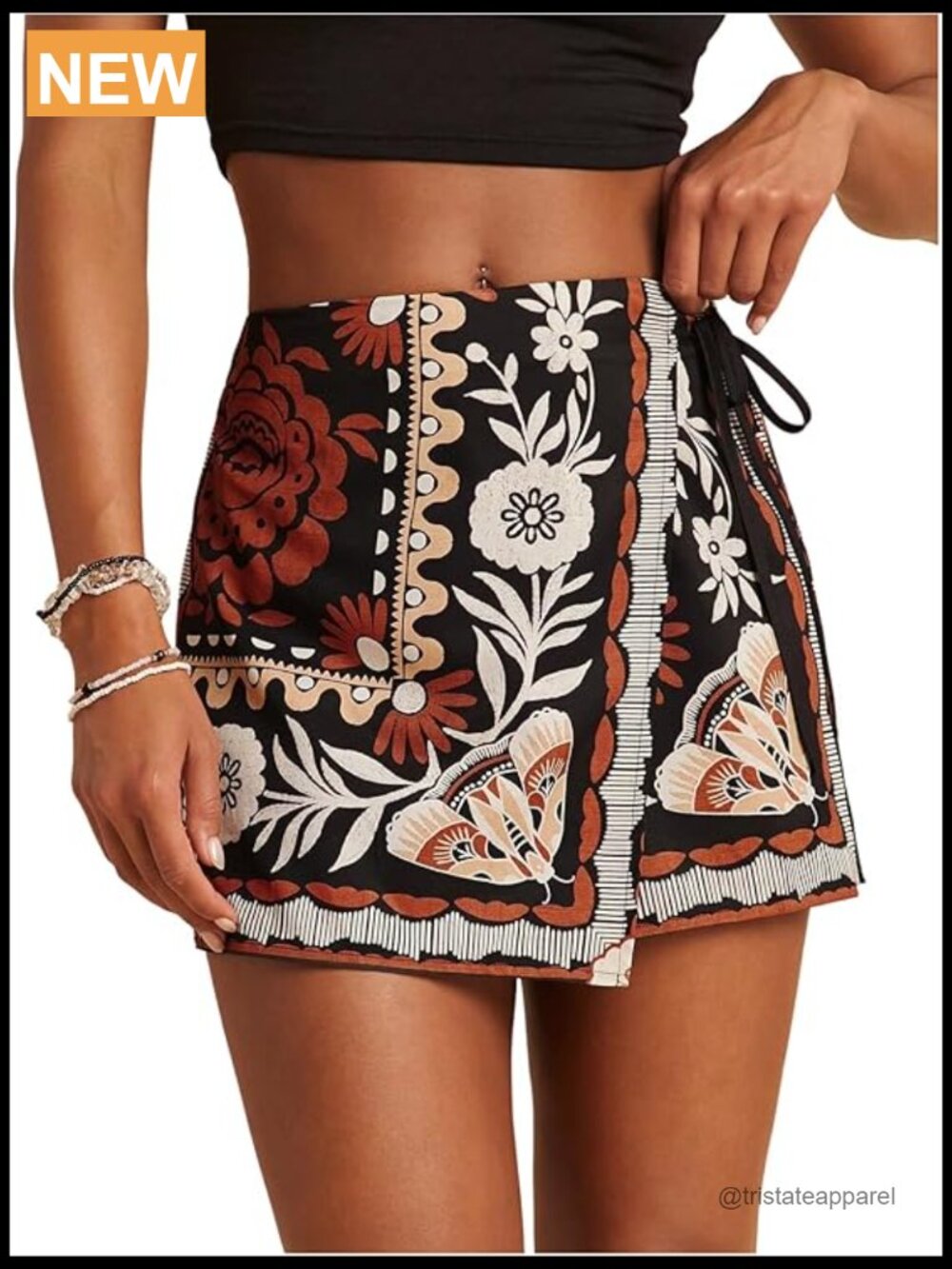 Floral Graphic Skirt Shorts Drawstring Wrap Boho Skorts